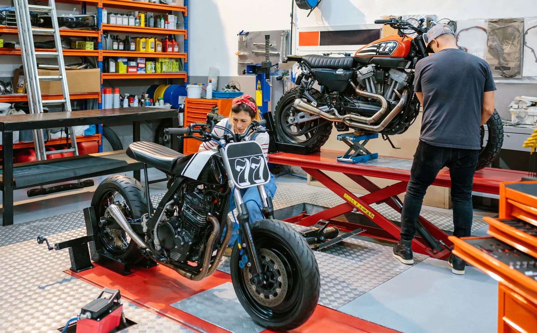 Motorcycle with custom parts in the shop